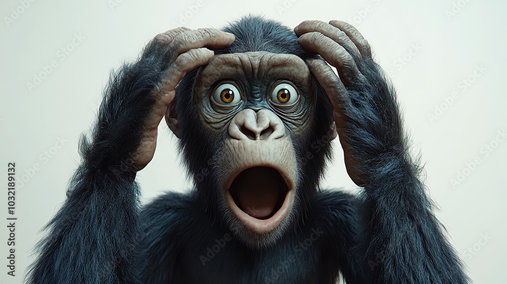 3D gorilla with hands on head in surprise, white background 3D gorilla with hands on head in surprise, white background
