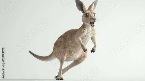 3D kangaroo midbounce with a surprised expression, white background photo