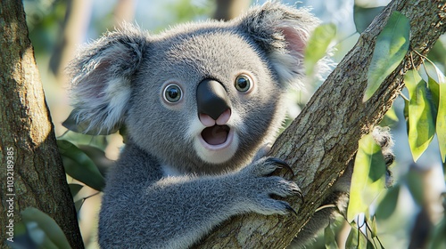 3D koala clutching a tree branch in shock, wideeyed expression, white background photo