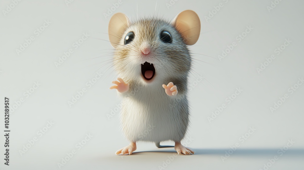3D mouse standing on hind legs with wideeyed shock, white background 3D mouse standing on hind legs with wideeyed shock, white background