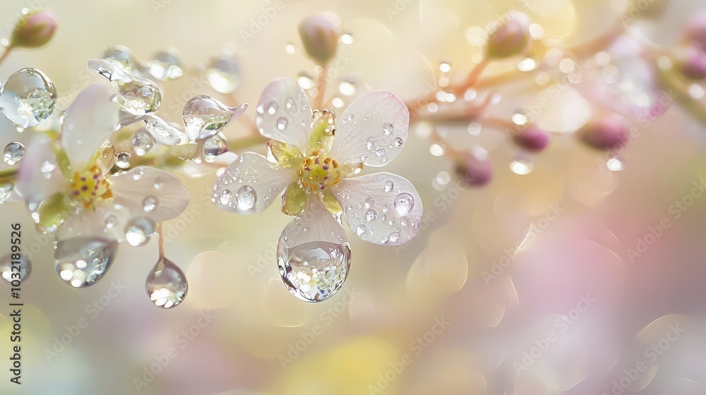 Close-up of delicate white flowers with dew drops, soft bokeh background. Close-up of delicate white flowers with dew drops, soft bokeh background.