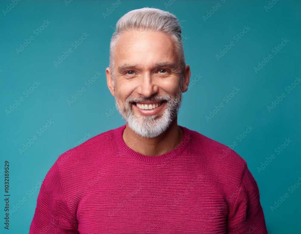 Obraz premium Headshot Portrait of a Smiling Older Man with Contemporary Style, Isolated on Color Background with Ample Copy Space