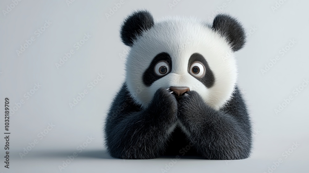 3D panda covering its face in surprise, white background 3D panda covering its face in surprise, white background