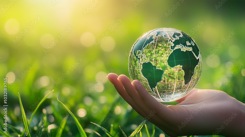 A close-up view of a human hand gently holding a transparent glass globe with a green world map A close-up view of a human hand gently holding a transparent glass globe with a green world map
