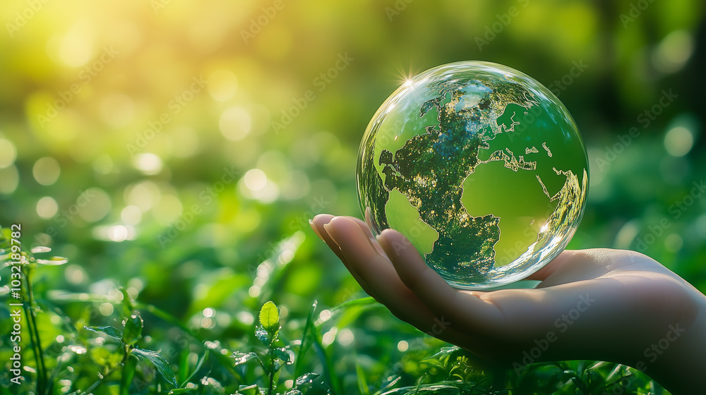 A close-up view of a human hand gently holding a transparent glass globe with a green world map A close-up view of a human hand gently holding a transparent glass globe with a green world map