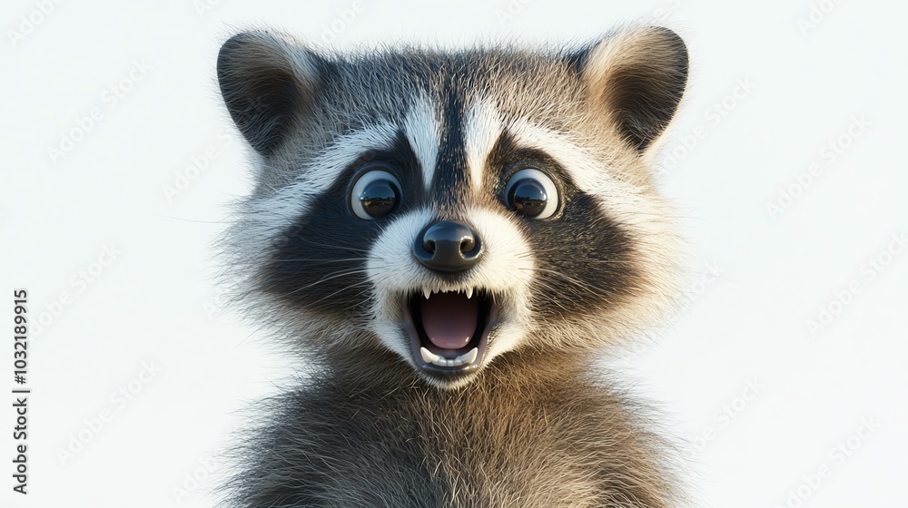 Obraz premium 3D raccoon with wide eyes, caught in the act, shocked expression, white background