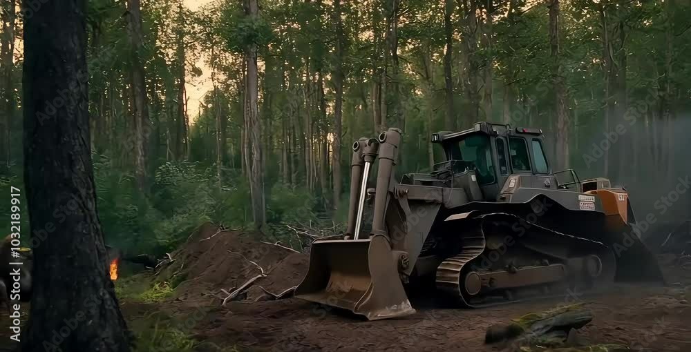 Animals flee in panic as a bulldozer destroys the forest, with fire and smoke creating chaos and devastation in their habitat Animals flee in panic as a bulldozer destroys the forest, with fire and smoke creating chaos and devastation in their habitat