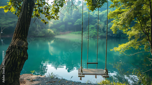 The image shows a wooden swing hanging from a tree branch over a still lake.