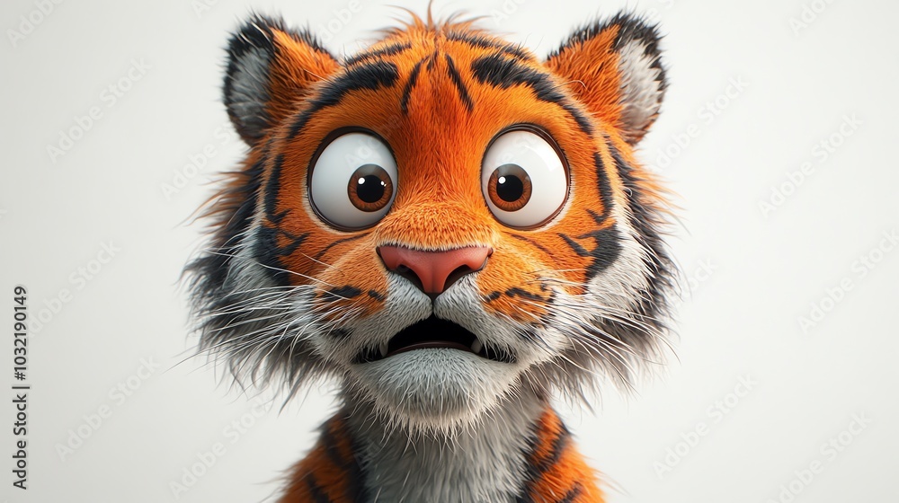 3D tiger with fluffed fur, eyes wide in surprise, white background 3D tiger with fluffed fur, eyes wide in surprise, white background