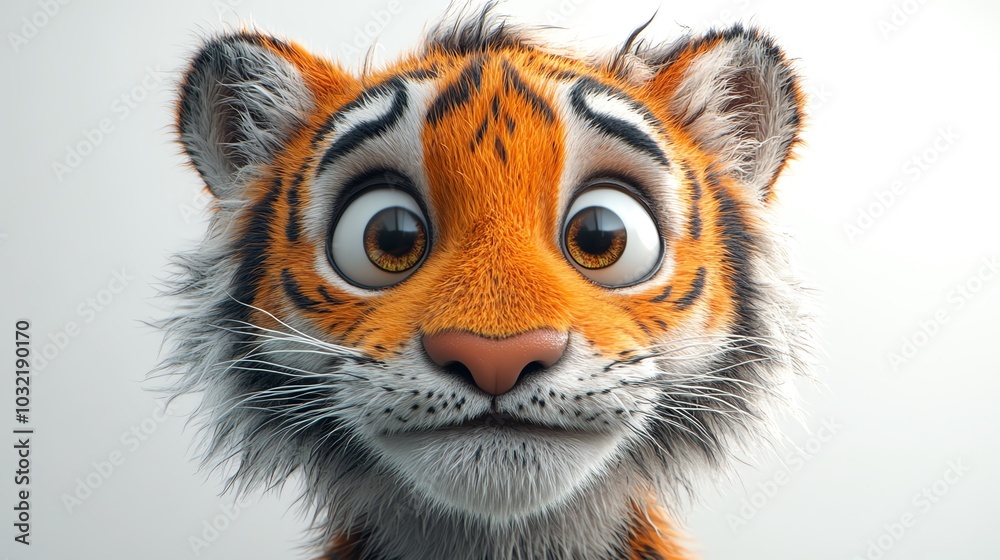 Obraz premium 3D tiger with fluffed fur, eyes wide in surprise, white background