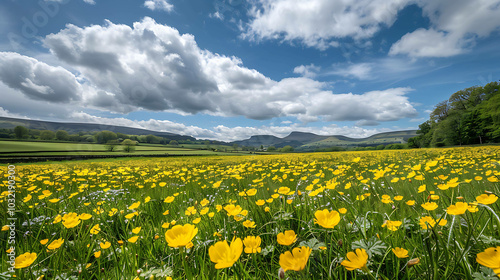 The image is of a beautiful landscape with a field of yellow flowers in the foreground and a mountain range in the background.