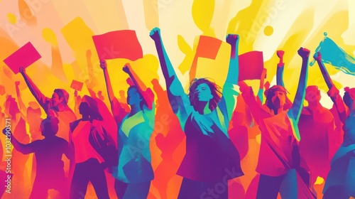 A dynamic illustration depicting a diverse group of people passionately protesting. this image emphasizes themes of unity, activism, and social change, showcasing raised fists and waving flags 