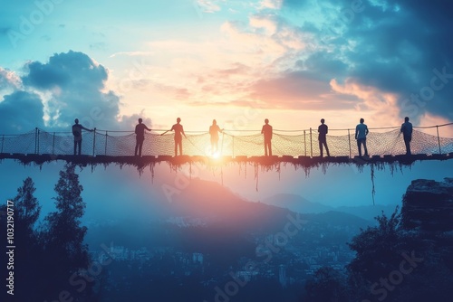 Build business bridge connect path together, solution or teamwork idea, cooperation or collaboration to success together concept, business people team, Generative AI