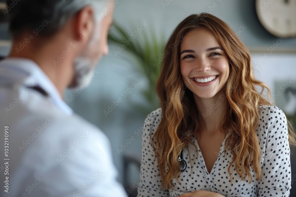 Happy expectant lady embracing belly and smiling, sitting at clinic during consultation with middle aged male gynecologist, focus on woman, Generative AI Happy expectant lady embracing belly and smiling, sitting at clinic during consultation with middle aged male gynecologist, focus on woman, Generative AI