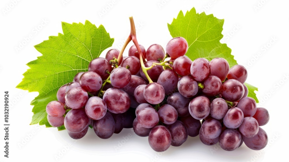 Crimson Delight: Vibrant Red Grapes Adorned with Lush Green Grape Leaves on a Pristine White Canvas Crimson Delight: Vibrant Red Grapes Adorned with Lush Green Grape Leaves on a Pristine White Canvas