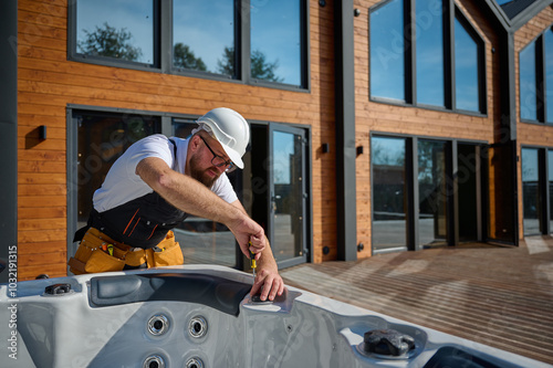 Plumber installing hot tub. Spa technician performing hot tub. Bathtub plumbing. Plumber fixing spa zone. Professional in uniform inspects and prepares a hot tub located on a stylish outdoor patio.