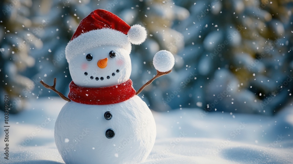 Festive snowman with a Santa hat, clutching a snowball in front of a snow-covered forest, bringing winter joy, 3D illustration. Festive snowman with a Santa hat, clutching a snowball in front of a snow-covered forest, bringing winter joy, 3D illustration.