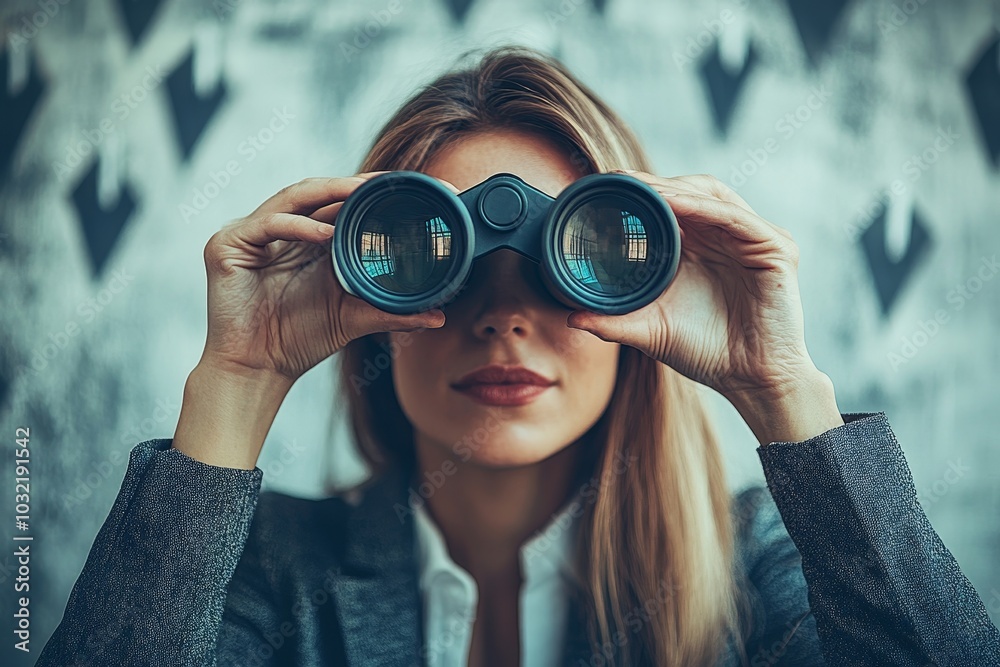 Searching for growth opportunity, vision to look and see future, challenge ahead or motivation to grow business concept, businesswoman on arrows look through binoculars to find business, Generative AI Searching for growth opportunity, vision to look and see future, challenge ahead or motivation to grow business concept, businesswoman on arrows look through binoculars to find business, Generative AI
