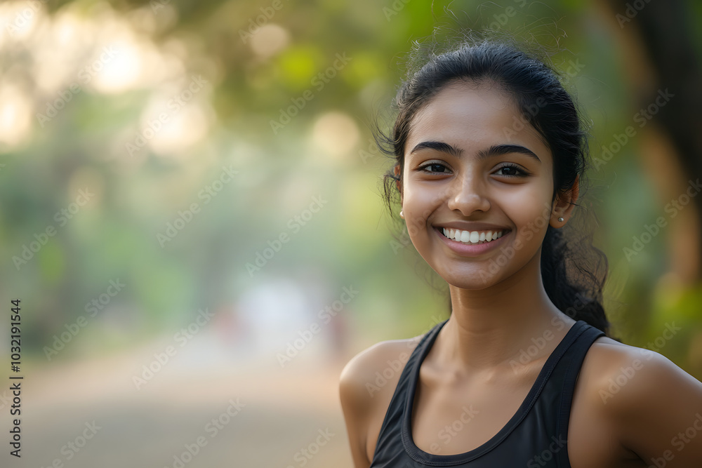 Smiling Young Woman in Outdoor Natural Environment Promoting Happiness and Wellness Smiling Young Woman in Outdoor Natural Environment Promoting Happiness and Wellness