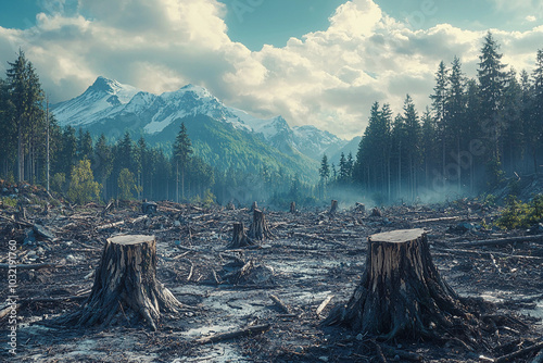 Deforestation aftermath with stumps in a mountainous landscape photo