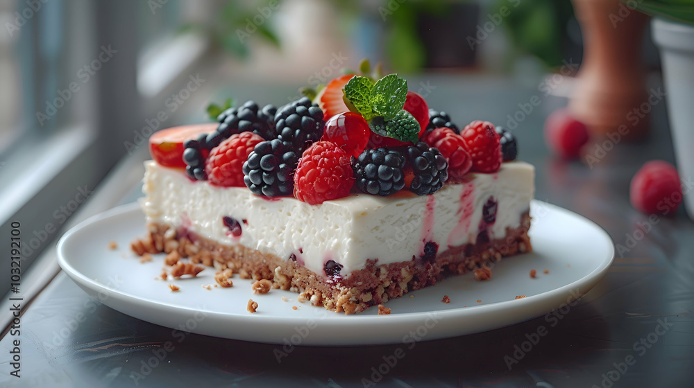 A vegan cheesecake with a nutty crust and fresh berries A vegan cheesecake with a nutty crust and fresh berries