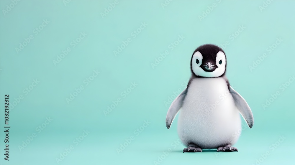 Fototapeta premium Adorable Baby Penguin Chick Waddling Forward On Pastel Teal Background