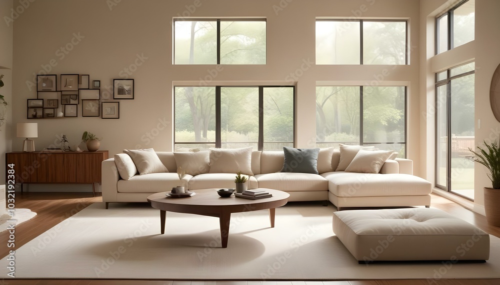Fototapeta premium A modern living room with a large beige sectional sofa, a wooden coffee table, and a warm, natural lighting coming through a window.