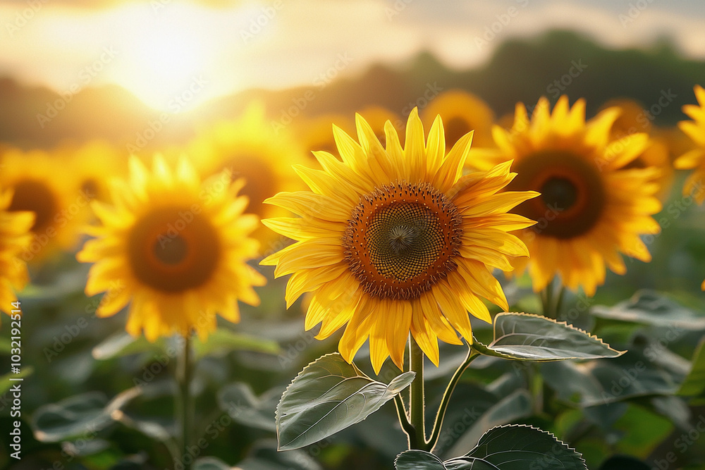 Fototapeta premium Sunflowers blooming at sunset in a vibrant field of gold