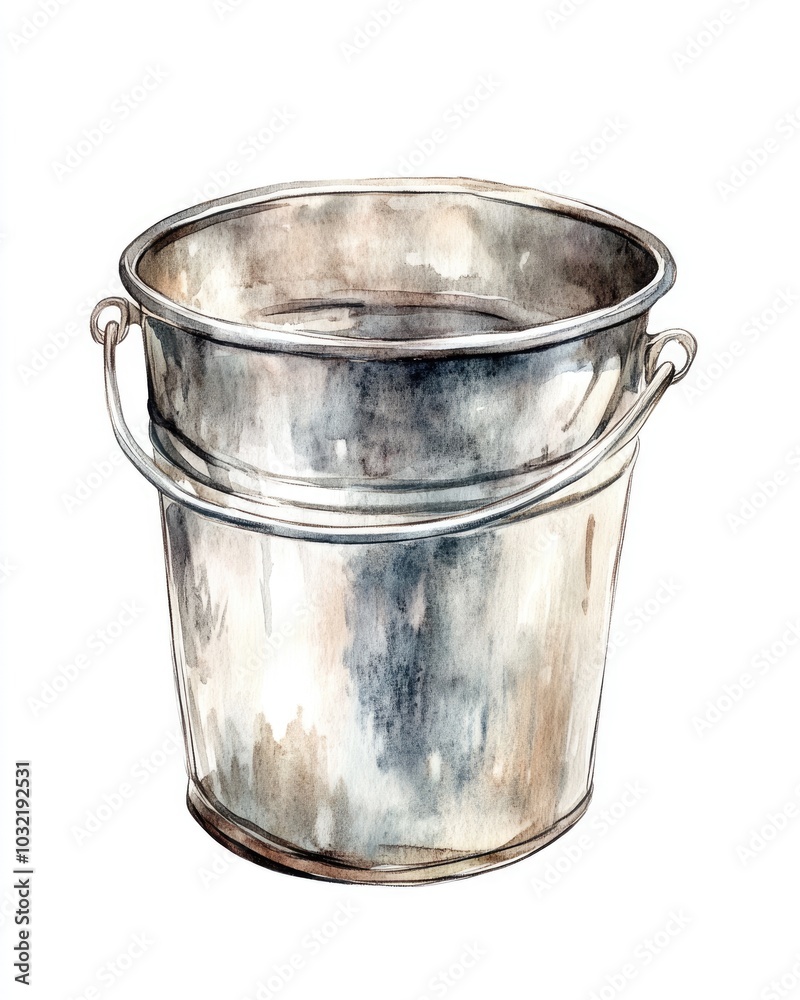 Watercolor Bucket. Metallic Equipment Isolated on White Background Watercolor Bucket. Metallic Equipment Isolated on White Background