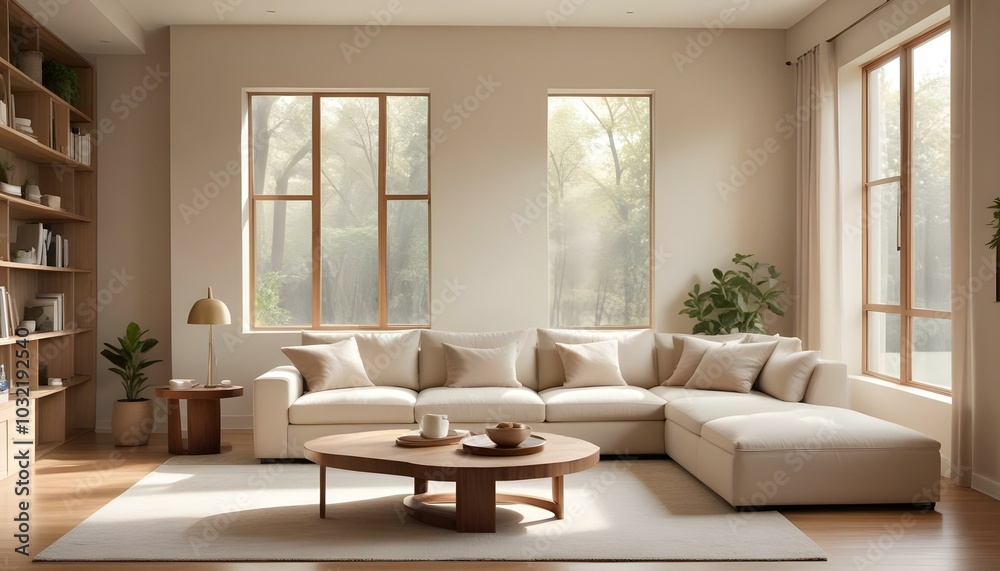 Fototapeta premium A modern living room with a large beige sectional sofa, a wooden coffee table, and a warm, natural lighting coming through a window.