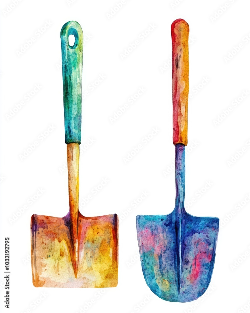 Watercolor Garden Tools Set. Shovel and Rake. Equipment for Gardening Work