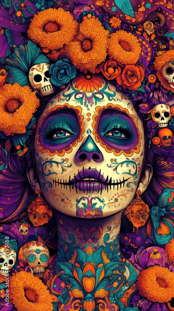 Colorful Day of the Dead altar with skulls and marigold flowers. AI generated Colorful Day of the Dead altar with skulls and marigold flowers. AI generated