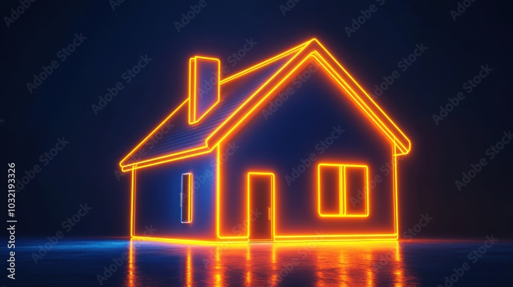 Glowing neon outline of a house in bright orange against a dark blue backdrop, symbolizing comfort and home. Glowing neon outline of a house in bright orange against a dark blue backdrop, symbolizing comfort and home.