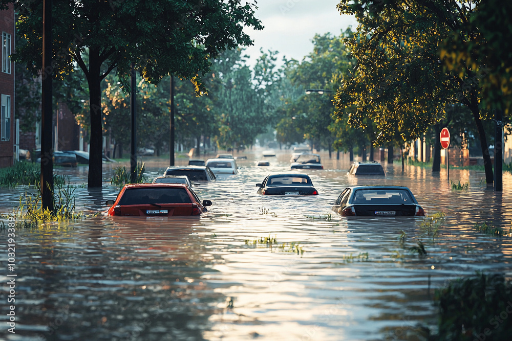 Flooded city street with submerged cars in the aftermath of heavy rain Flooded city street with submerged cars in the aftermath of heavy rain