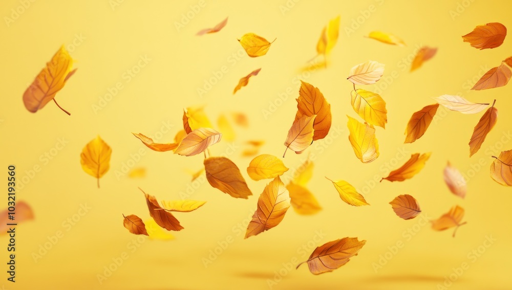 Falling Autumn Leaves on Yellow Background Falling Autumn Leaves on Yellow Background
