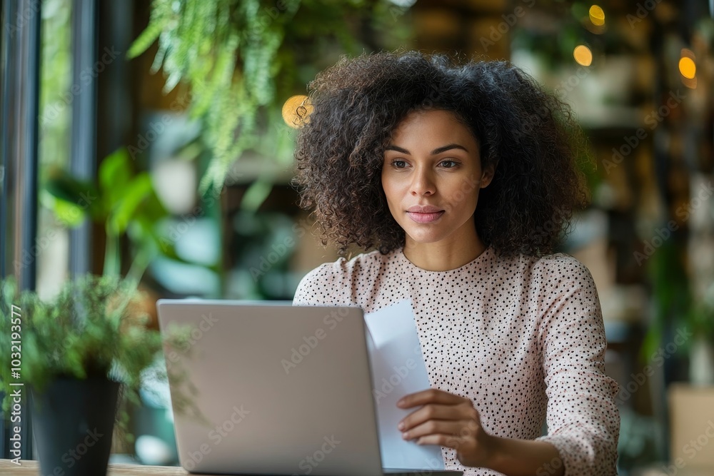 African american woman talking on video link holding paper in hands while sitting at table and using laptop computer working in office, Generative AI African american woman talking on video link holding paper in hands while sitting at table and using laptop computer working in office, Generative AI