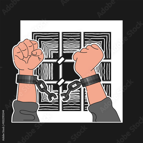 Hands breaking shackles against prison bars. Dark background. Motivational poster, icon, emblem. Vector illustration