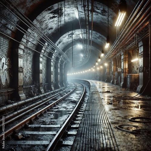 Deserted subway station with atmospheric lighting.