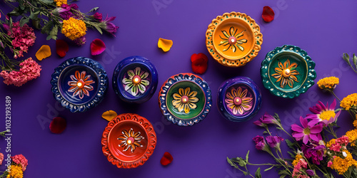 Traditional Diwali Diyas and Colorful Flowers on Purple Background