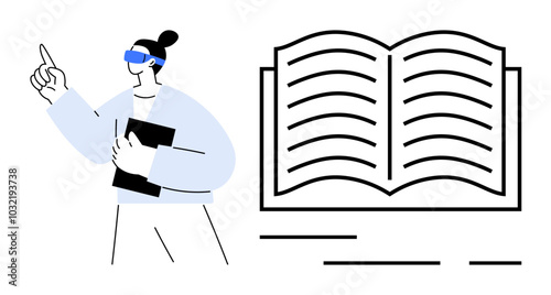 A figure wearing a VR headset holds a tablet, pointing upward suggestively. Adjacent is a large open book. Ideal for technology, education, virtual learning, innovation, futuristic concepts. Simple photo