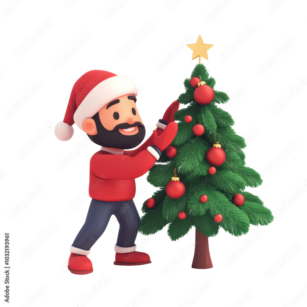 A joyful man decorates a Christmas tree with ornaments in winter A joyful man decorates a Christmas tree with ornaments in winter