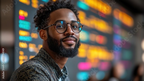 A young man with a beard and glasses smiles at the camera. He is standing in front of a blurry background of colorful lights and information.