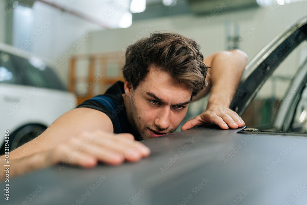 Closeup face of auto mechanic male checking polished car hood well in workshop. Serious repairman conducts check inspection of car body after polishing surface. Concept of professional car repair. Closeup face of auto mechanic male checking polished car hood well in workshop. Serious repairman conducts check inspection of car body after polishing surface. Concept of professional car repair.
