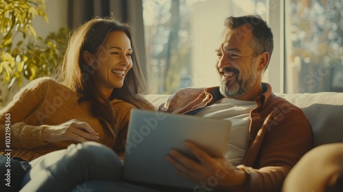 Happy middle aged couple using laptop computer relaxing on couch at home. Smiling mature man and woman talking having fun laughing with device sitting on sofa in sunny living room. Candid shot