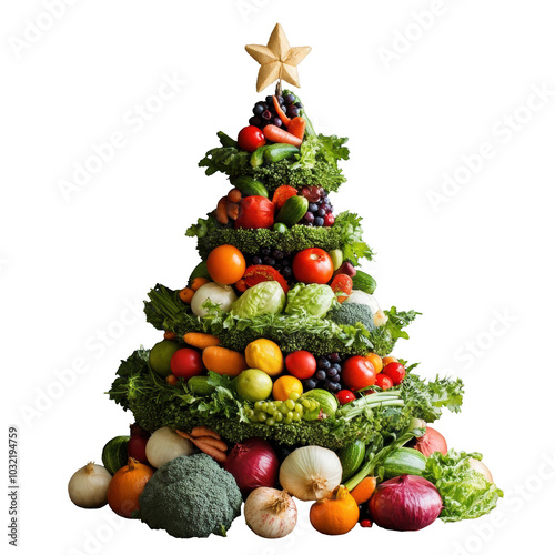 Creative Christmas tree made of fresh vegetables and fruits