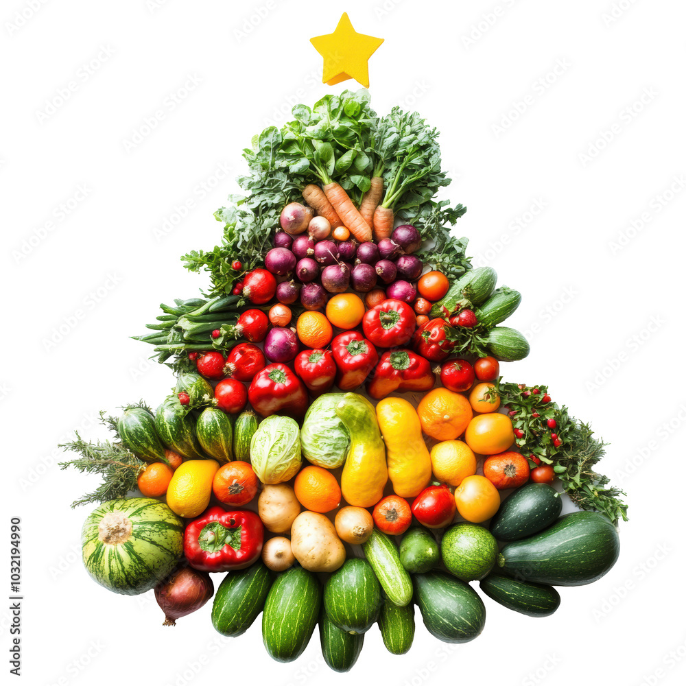 Creative arrangement of fresh vegetables shaped like a Christmas tree