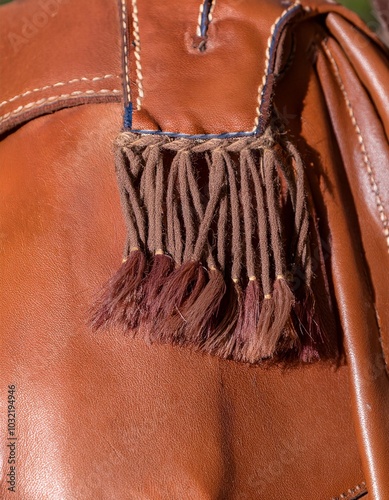 fringing detail on leather armitas specially designed for rancho use. generative ai photo