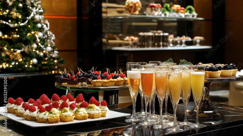 Elegant Dessert Table with Festive Drinks and Decorations Elegant Dessert Table with Festive Drinks and Decorations