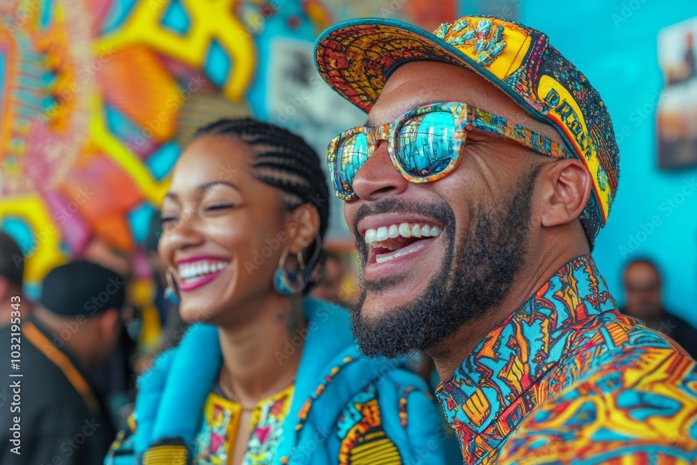 Fototapeta premium Colorful First Date at Vibrant Bar – Smiling Couple Enjoying Time Together
