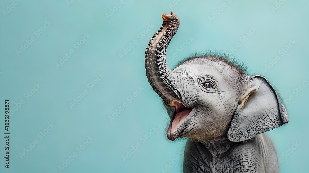 Playful Baby Elephant Raising Its Trunk on Pastel Blue Background Playful Baby Elephant Raising Its Trunk on Pastel Blue Background